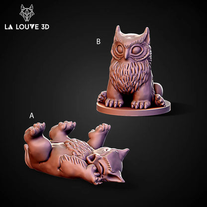 3D-printed resin baby owlbear figure featuring a playful and charming design, showing one owl sitting upright on a flat base and another in a relaxed, lying position. Ideal for any dungeons and dragons campaign as a cute addition before the mummy owlbear attacks. 