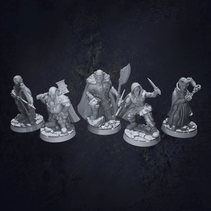 A set of DnD miniatures depicting a group of bandits in various poses. Each bandit is dressed in ragged clothing with weapons like daggers, swords, and bows. The figures reflect a rough and rebellious appearance, with expressions ranging from sneaky to aggressive. These miniatures are perfect for encounters with outlaws, ambushes, or low-tier antagonists in fantasy campaigns, set against a backdrop of forest or village terrain.
