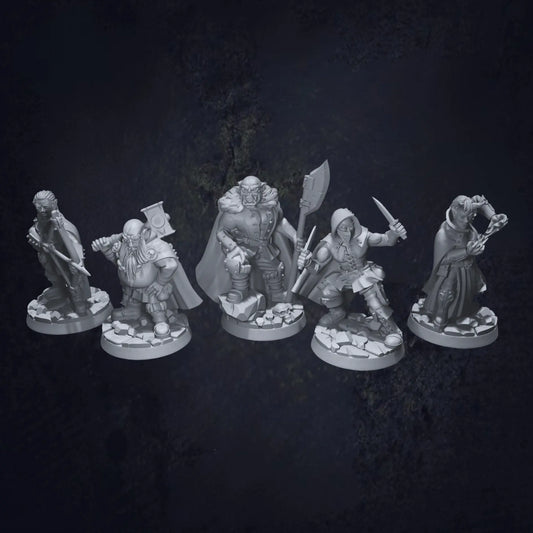 A set of DnD miniatures depicting a group of bandits in various poses. Each bandit is dressed in ragged clothing with weapons like daggers, swords, and bows. The figures reflect a rough and rebellious appearance, with expressions ranging from sneaky to aggressive. These miniatures are perfect for encounters with outlaws, ambushes, or low-tier antagonists in fantasy campaigns, set against a backdrop of forest or village terrain.