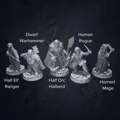 A detailed set of DnD miniatures depicting a group of bandits in various poses. Each figure is dressed in rugged, mismatched clothing with weapons like daggers, swords, and bows. The miniatures are labeled to highlight different bandits, including their individual stances and gear. Their expressions are fierce and determined, capturing their roles as outlaws and rogues. The textured bases are designed to resemble rocky terrain or forest paths, fitting for ambush encounters.