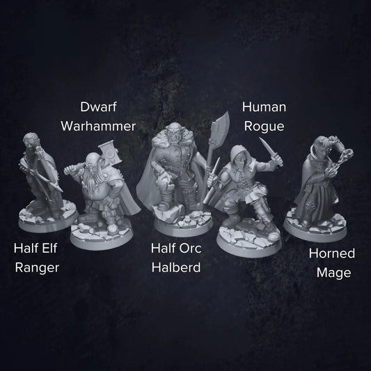 A detailed set of DnD miniatures depicting a group of bandits in various poses. Each figure is dressed in rugged, mismatched clothing with weapons like daggers, swords, and bows. The miniatures are labeled to highlight different bandits, including their individual stances and gear. Their expressions are fierce and determined, capturing their roles as outlaws and rogues. The textured bases are designed to resemble rocky terrain or forest paths, fitting for ambush encounters.