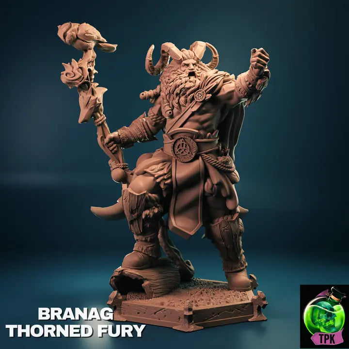 A render of a detailed miniature of a barbarian warrior, featuring a bearded figure wearing a horned helmet. The barbarian wields a staff topped with a bird and is dressed in rugged attire, including fur-lined boots and a belt with a circular emblem. The figure stands on a textured base, exuding a dynamic and imposing presence.