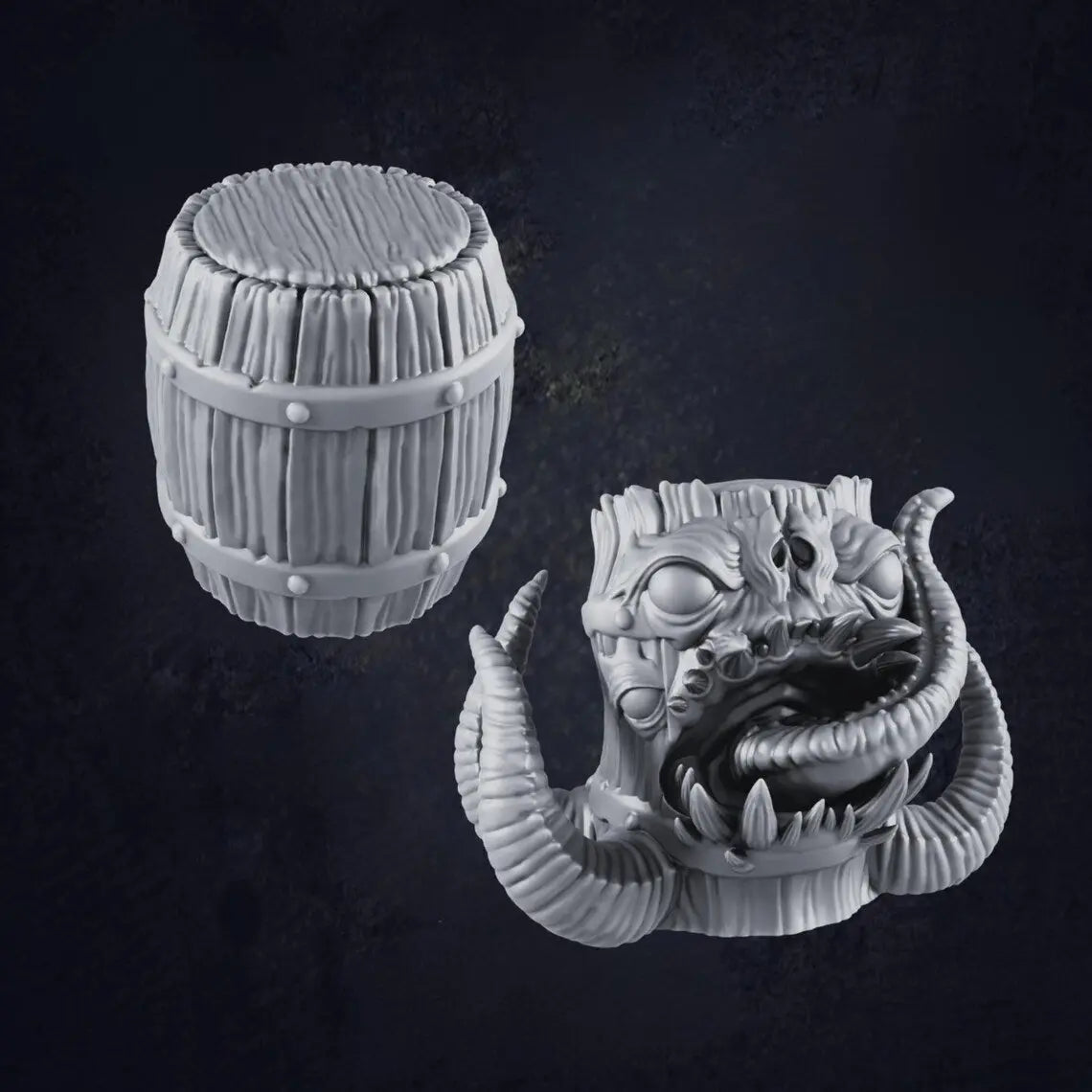 A 3D-printed model of a barrel mimic, blending the appearance of a wooden barrel with monstrous features. The mimic's face emerges from the barrel, with sharp, jagged teeth, large menacing eyes, and tentacle-like appendages extending from its mouth. Horn-like structures protrude from its sides, adding to its eerie and fantastical design.