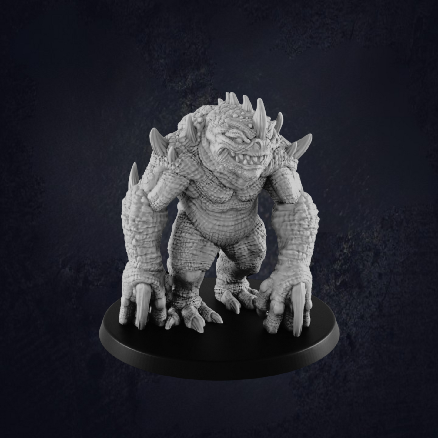 A highly detailed miniature figure of a blue slaad, a chaotic amphibious creature from the Dungeons & Dragons Monster Manual, featuring scaly blue skin, sharp claws, and jagged spikes along its back, posed dynamically on a black circular base for tabletop gameplay.