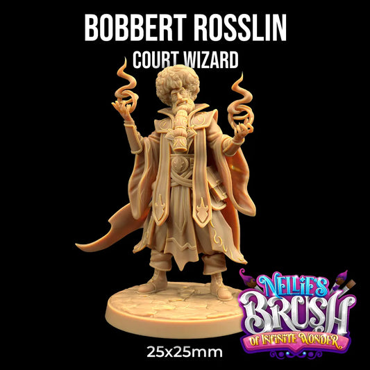 Miniature of Bobbert Rosslin, a fantasy court wizard in flowing robes with a separate base, ideal for painting and tabletop RPG settings.