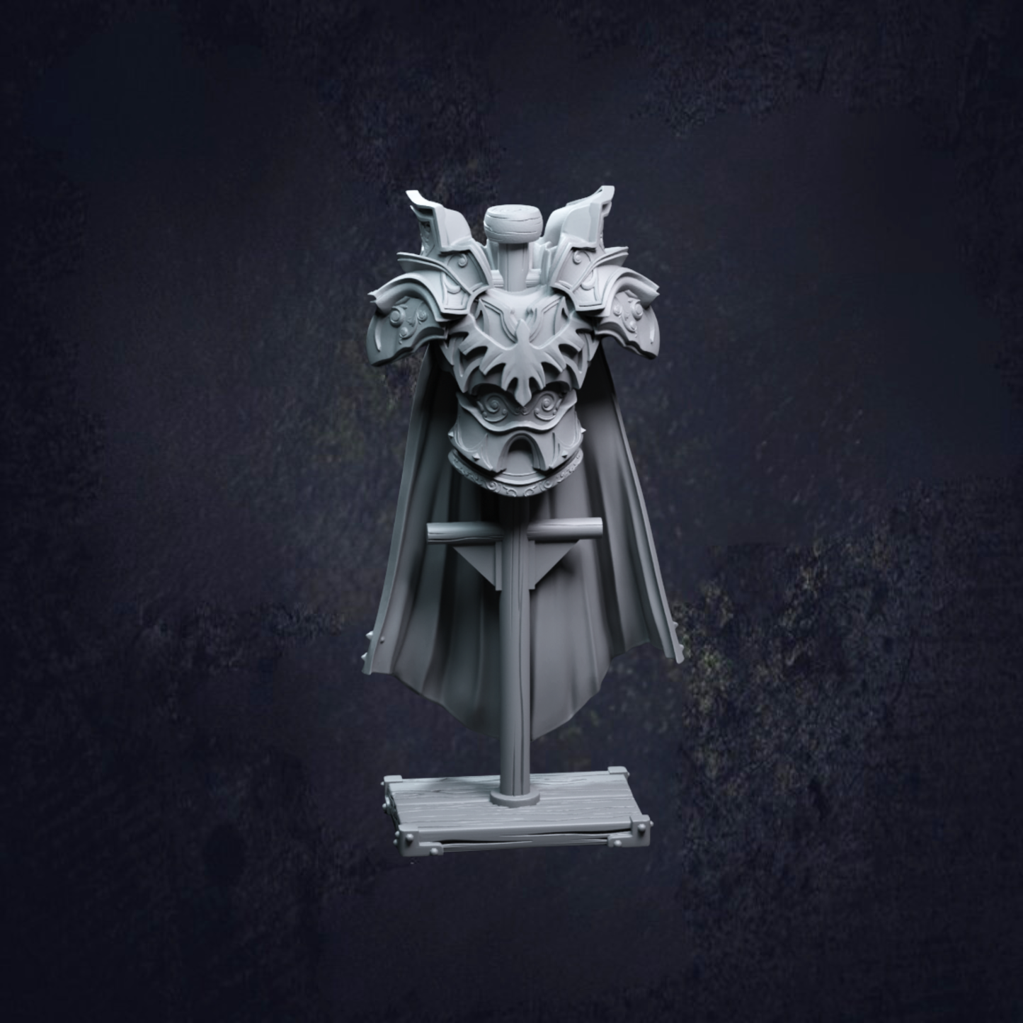 An armour stand, proudly displaying a caped piece of armour. 