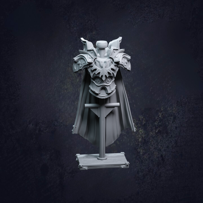 An armour stand, proudly displaying a caped piece of armour. 