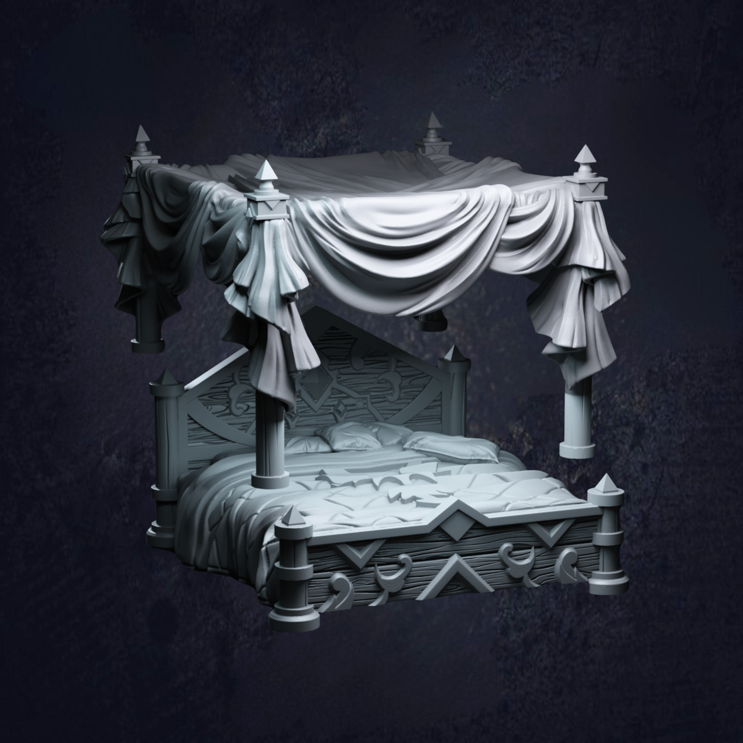 A large canopy bed. The image shows how the bed is provided in 2 sections for assembly. 