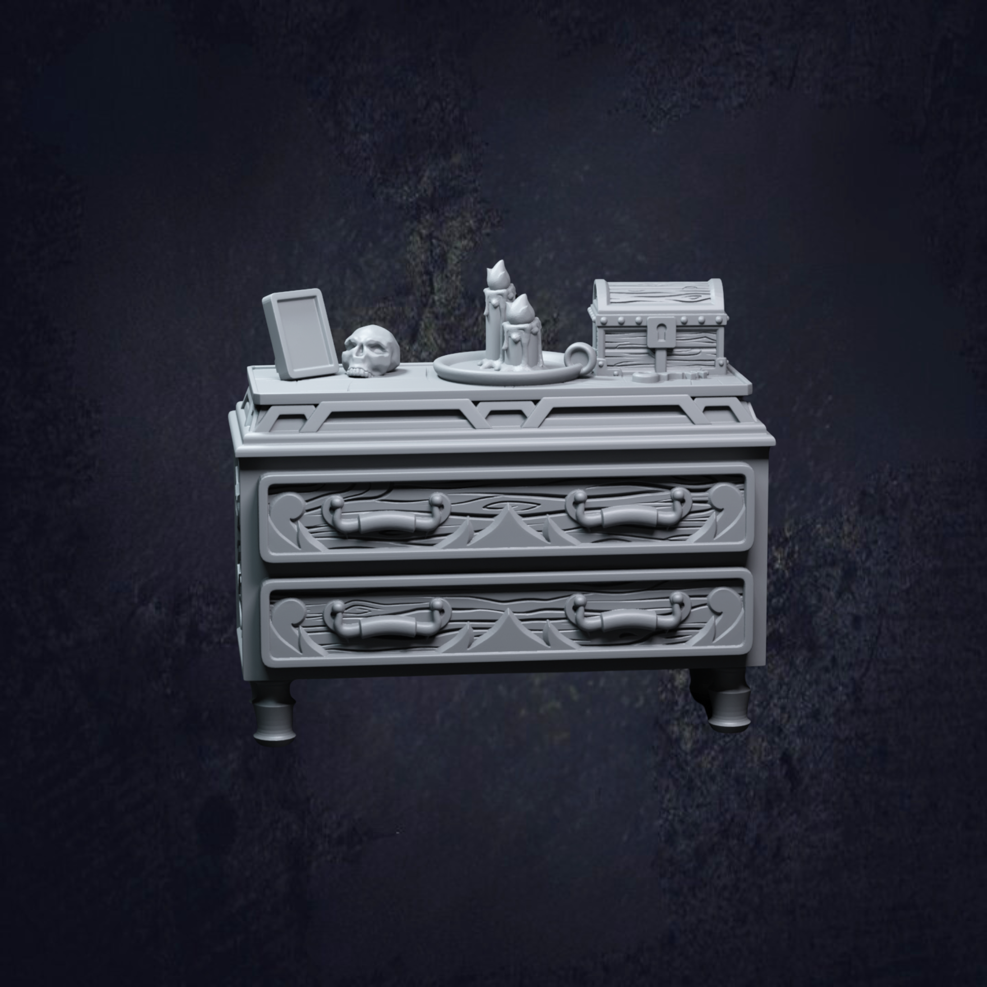 A small desk for king castle bedroom props. There are small drawers, and on top sits a small chest, skull and candles. 