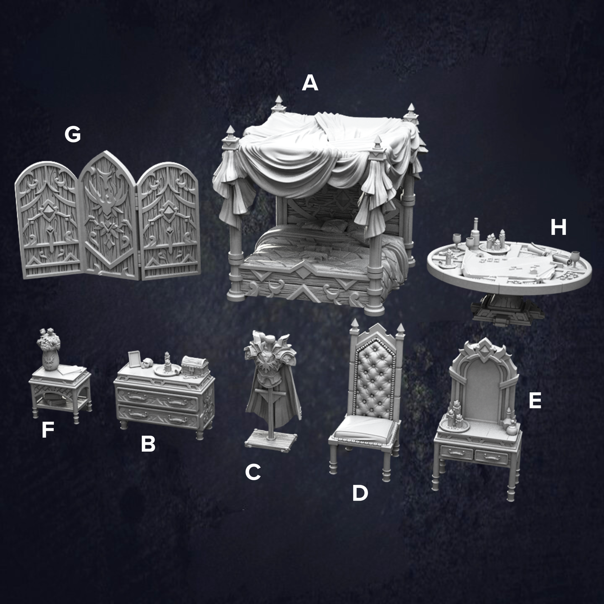 A set of castle bedroom props including a large canopy bed, armor stand, mirror, chair and screen. The image is labelled to clearly identify models. Designed at 32mm scale.