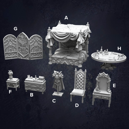 A set of castle bedroom props including a large canopy bed, armor stand, mirror, chair and screen. The image is labelled to clearly identify models. Designed at 32mm scale.