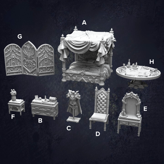 A set of castle bedroom props including a large canopy bed, armor stand, mirror, chair and screen. The image is labelled to clearly identify models. Designed at 32mm scale.
