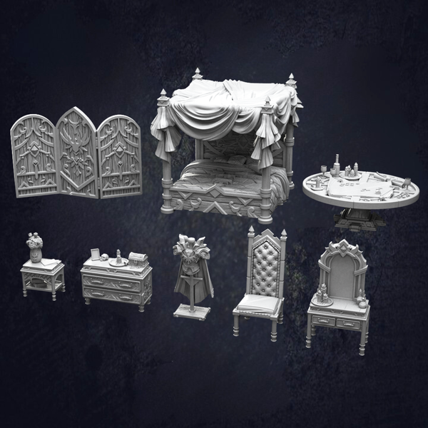 A set of castle bedroom props including a large canopy bed, armor stand, mirror, chair and screen. Designed at 32mm scale.