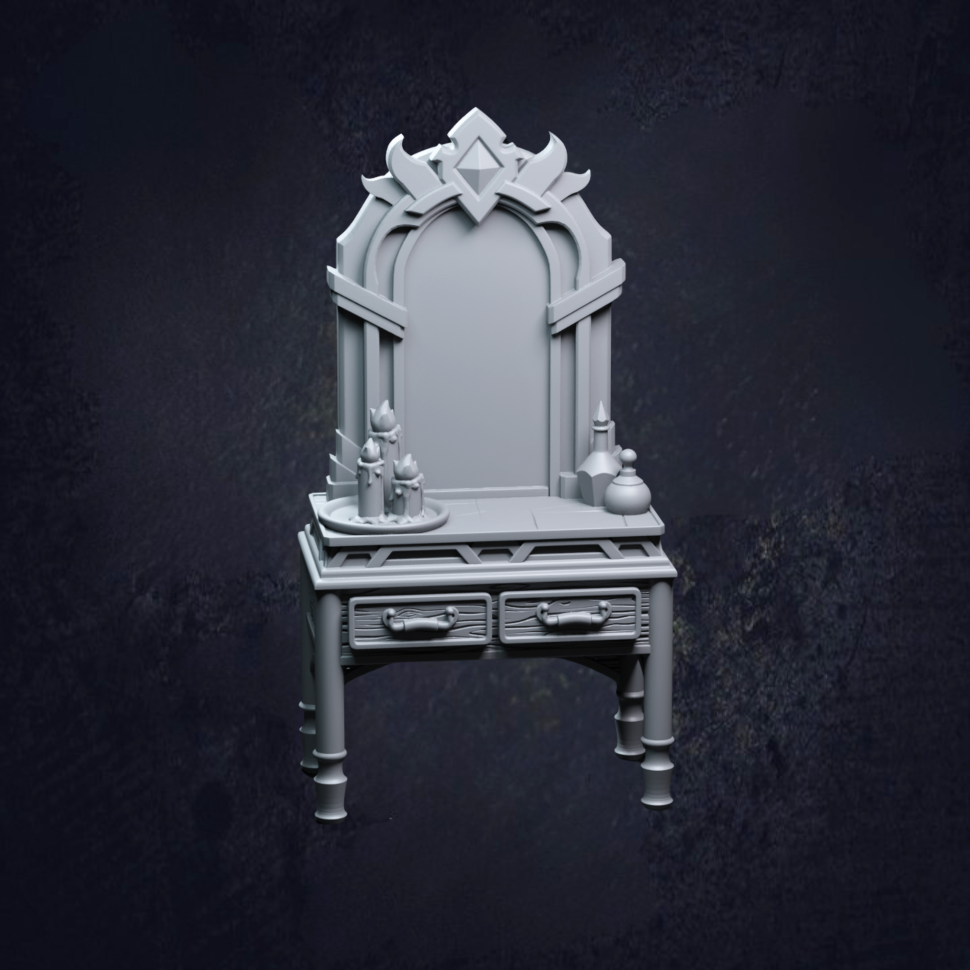A decorative mirror for kings royal bedroom. It contains two small drawers, and has perfume bottles and candles sat on top. 