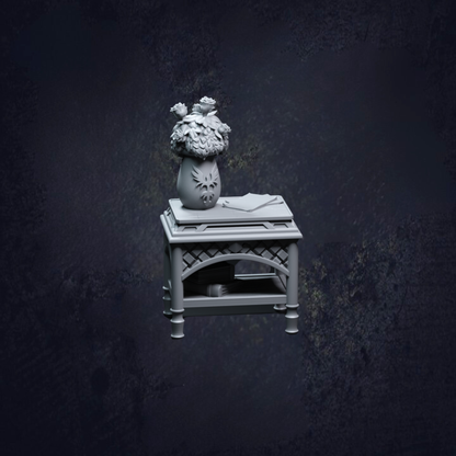 A small nightstand fitting for a royal bedroom in D&D, on top sits a bouquet of flowers and some loose sheets of paper. 
