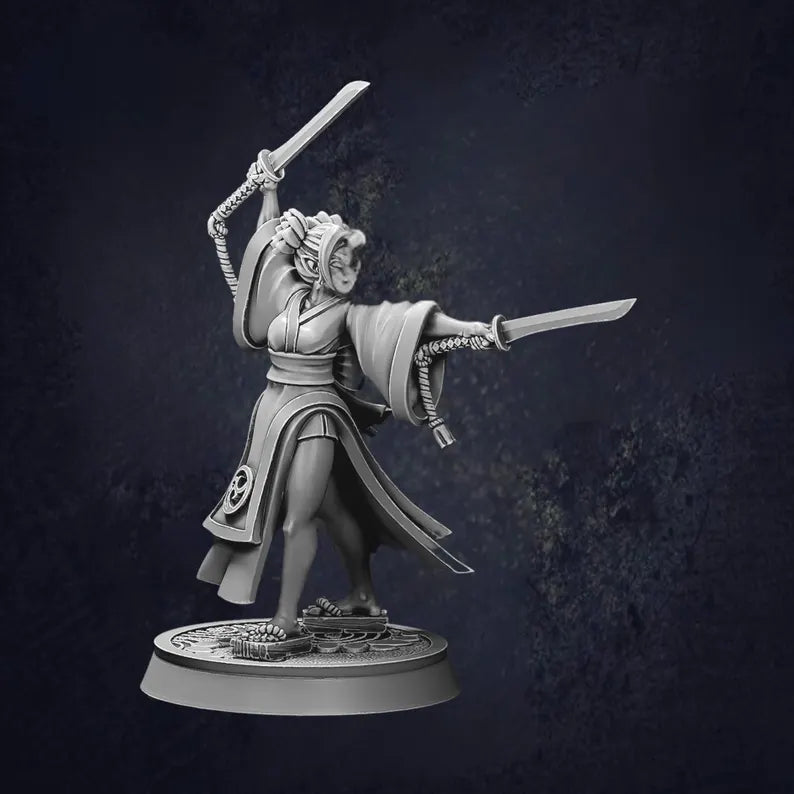 Female monk fighter holding two katanas, wearing a kimono