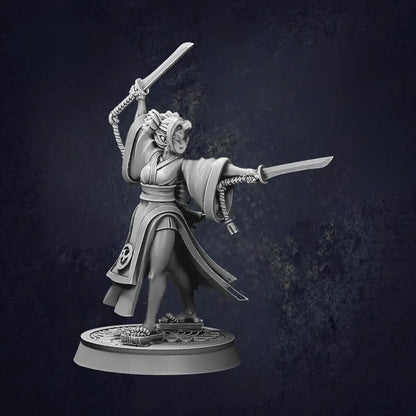 Female monk fighter holding two katanas, wearing a kimono