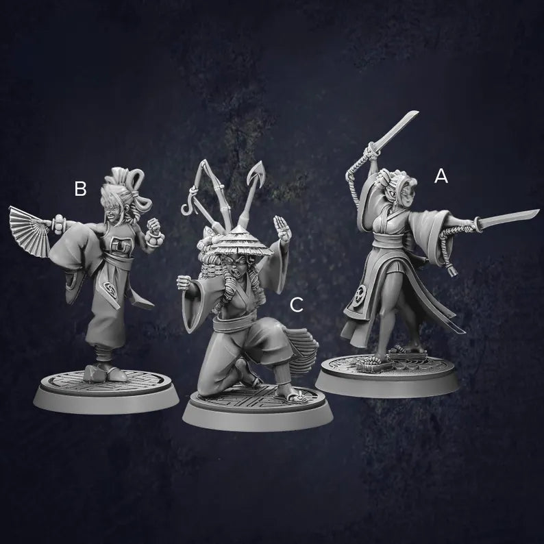 Set of three female monk fighters displaying different stances and weapons in traditional Japanese clothing.