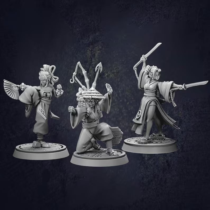 Set of three female monk fighters displaying different stances and weapons in traditional Japanese clothing.