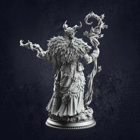Back view of the Satyr Druid Old Barkhorn, with his cloak made of leaves and staff from a tree branch and flowers.