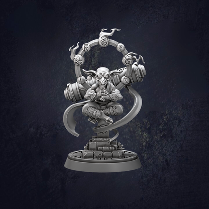 Goblin zen monk cross legged on a plinth with a large weapon on his back and orb around his head displaying symbols and elements. 