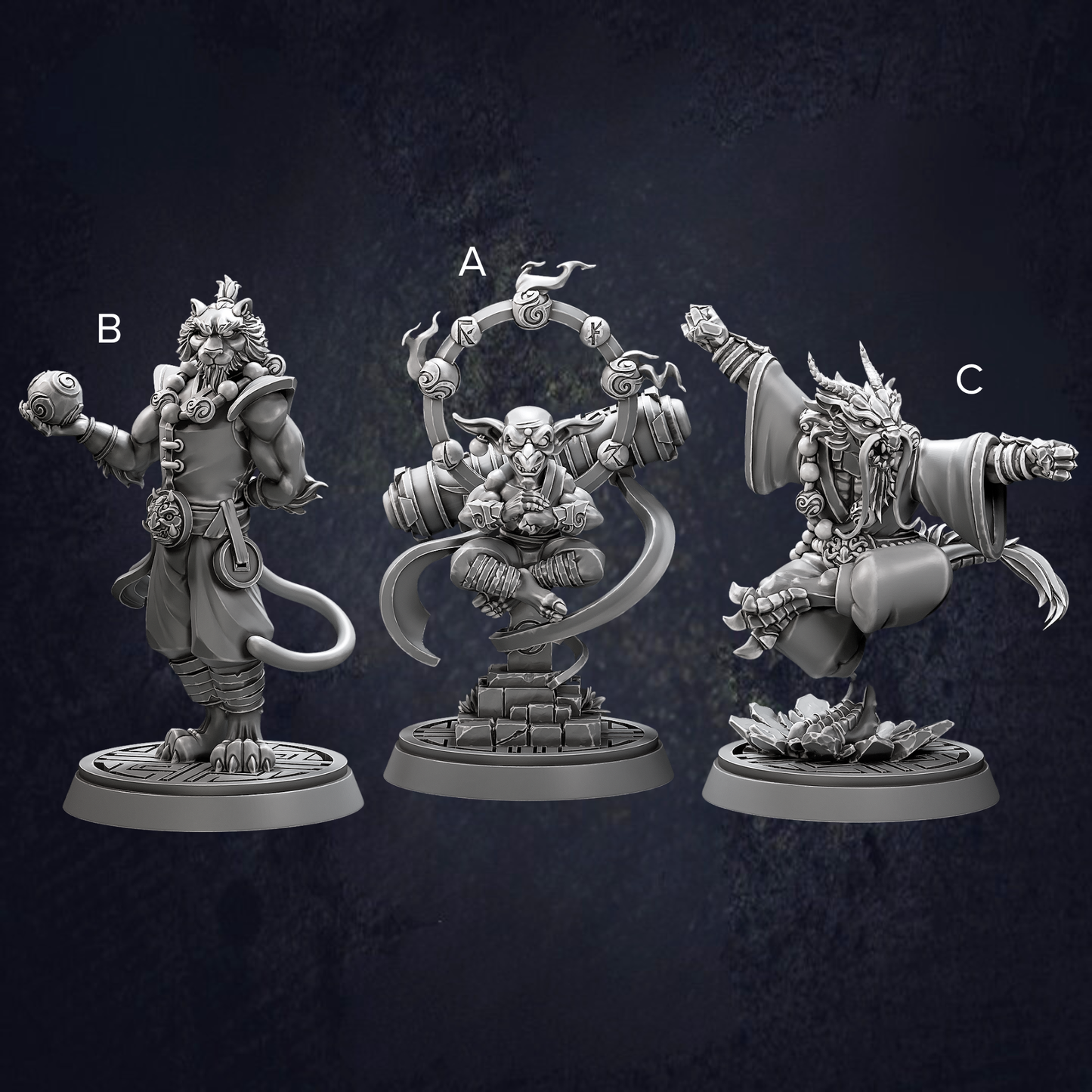 A group of Zen Master Monks displaying different stances, styles and races including Tiger, Goblin and Dragonborn
