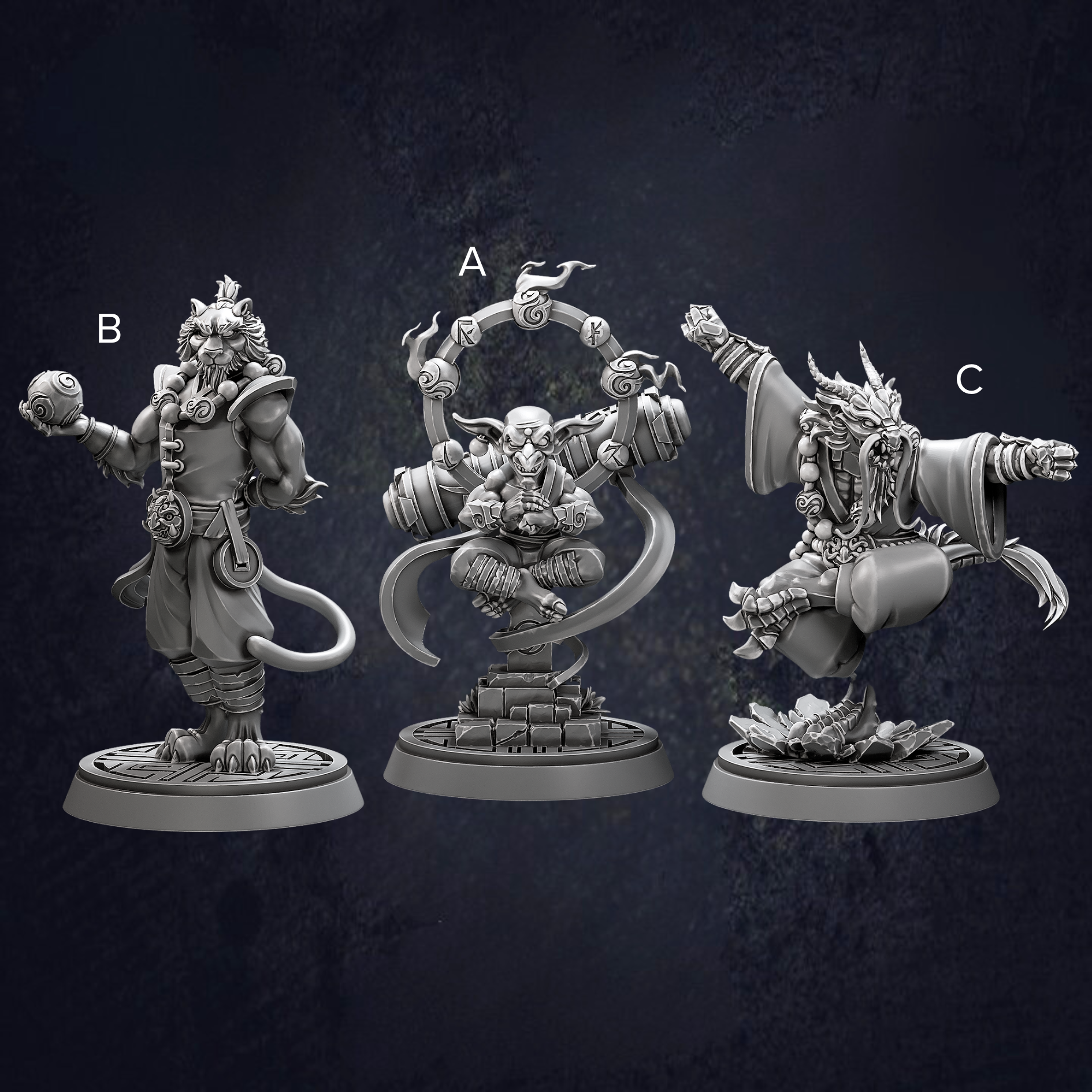 A group of Zen Master Monks displaying different stances, styles and races including Tiger, Goblin and Dragonborn