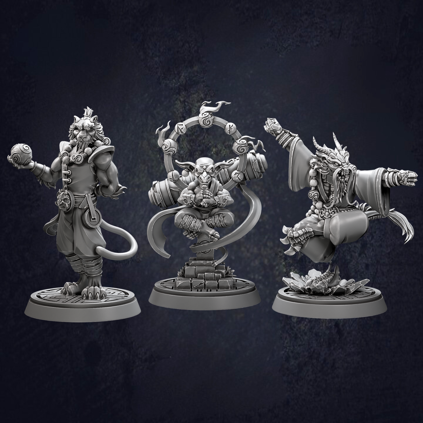 A group of Zen Master Monks displaying different stances, styles and races including Tiger, Goblin and Dragonborn