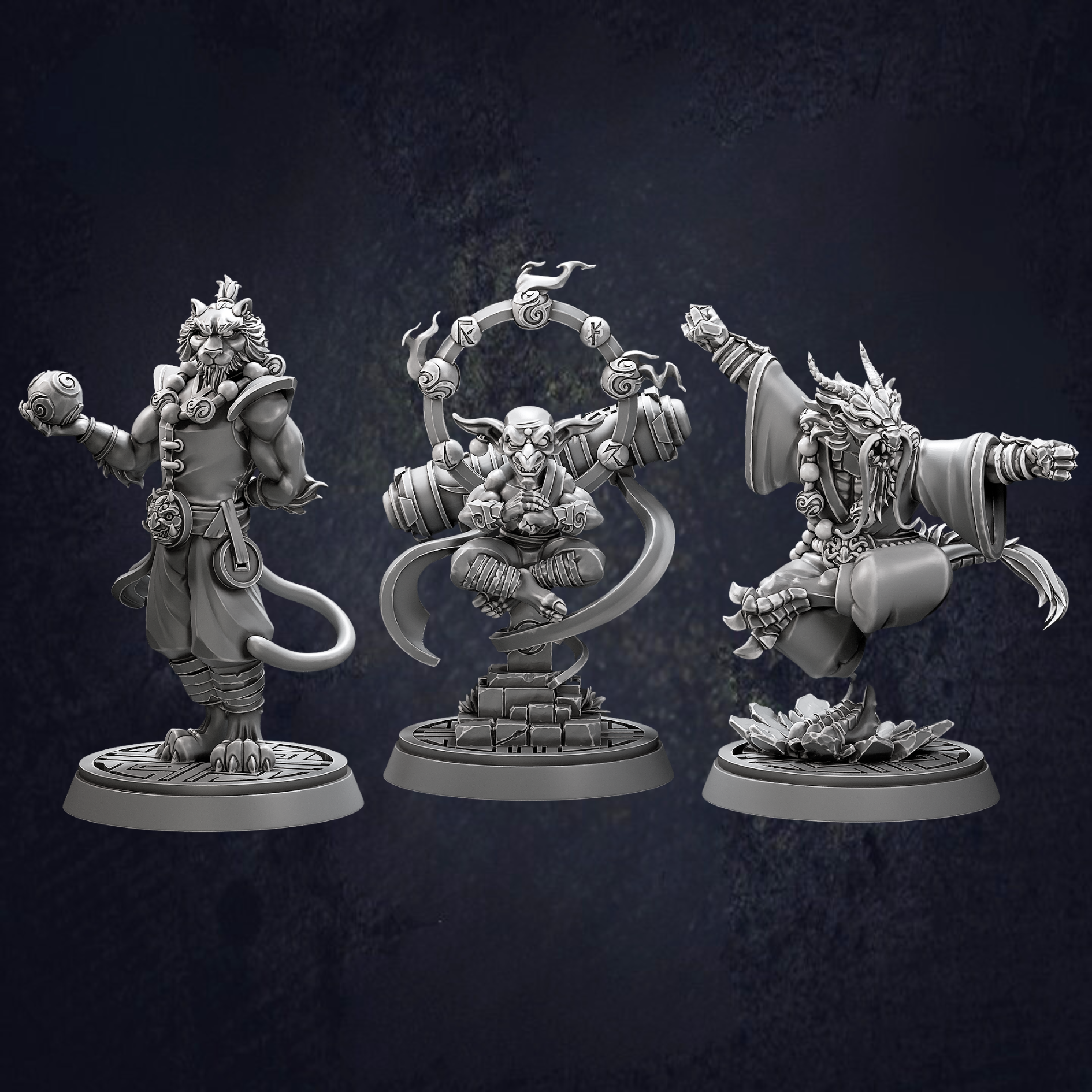 A group of Zen Master Monks displaying different stances, styles and races including Tiger, Goblin and Dragonborn