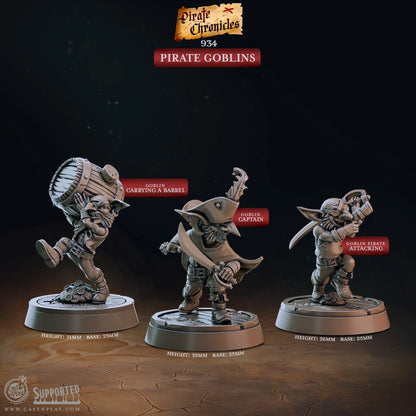 An image with text for detail of a set of three highly detailed 3D printed resin goblin pirates. There is a pirate captain, a goblin carrying a barrel and a sword brandishing attack posed goblin. Ideal to add to any seafaring d&d or rpg tabletop campaign. Designed by Cast N Play at 32mm scale, and on 25mm bases. The text highlights the height of each model, the base size and that they are part of the pirate chronicles collection.