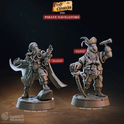 An image with text for information of a  pair of pirate navigators consisting of a mind flayer and a parrotfolk miniature. These are highly detailed 3D printed resin models suitable for D&D or any other RPG tabletop game. Designed by Cast N Play at a 32mm Scale, these models sit on a 25mm base which is provided. The text indicates the models heights, base sizes and that they are from the pirate chronicles collection.