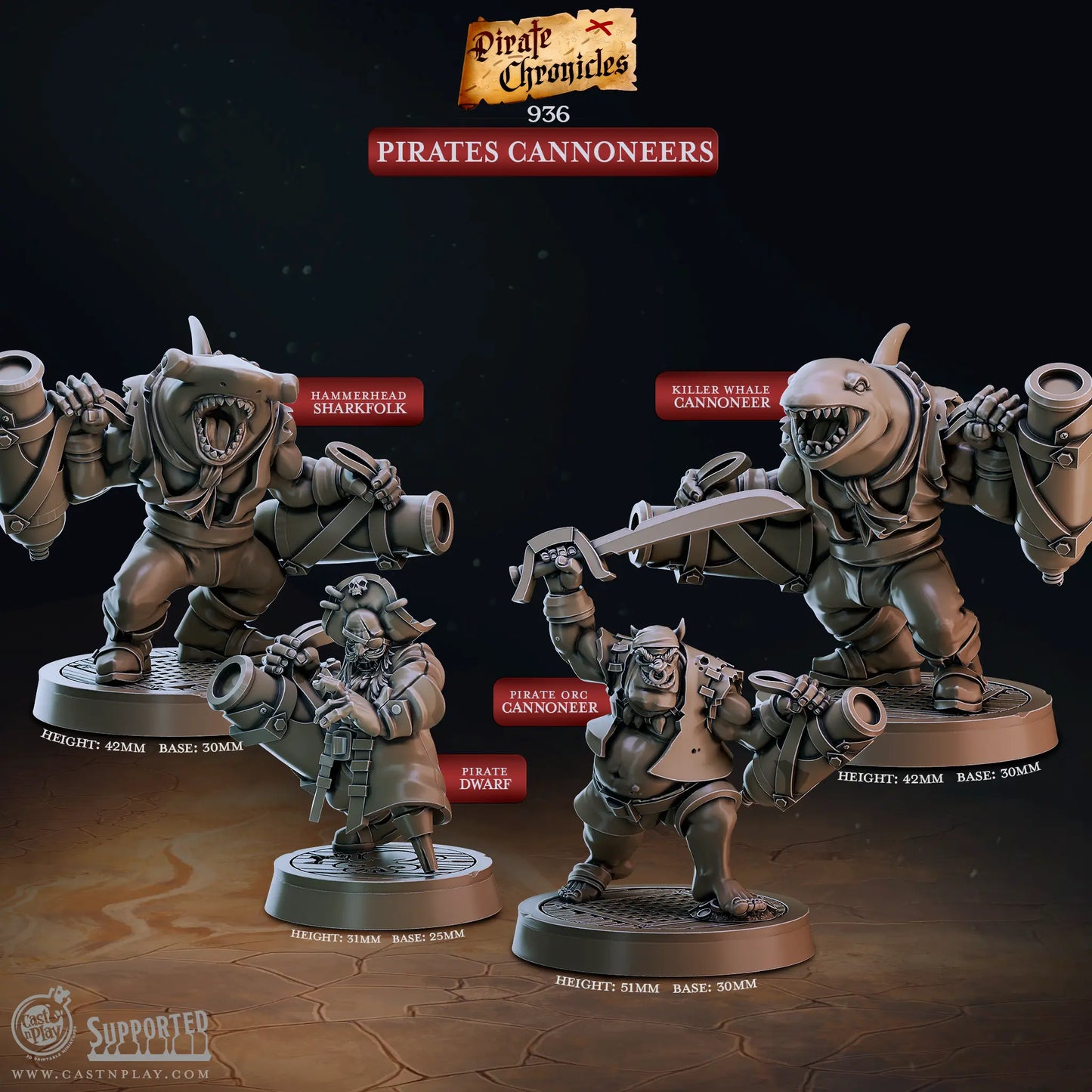 An image with text of a set of four pirate cannoneer miniatures designed by Cast N Play at a 32mm scale. The band of pirates consists of a dwarf, orc, sharkfolk and a whalefolk. All of these seafaring adventurers are perfect to add to an ocean D&D campaign. 3D Printed in resin to a high quality and each provided with their own seperate base. The text dictates the height of each model, the base size and that they are part of the pirate chronicles collection.