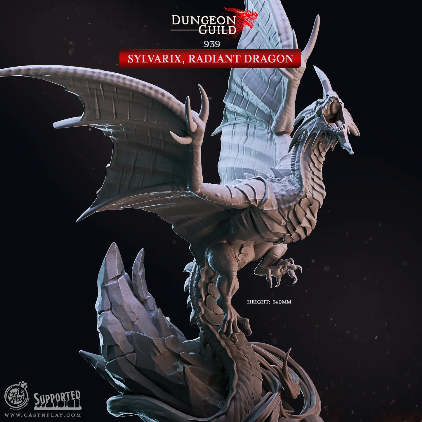 An unpainted 3D-printed dragon miniature at 32mm scale, soaring into flight with a height of 240mm. The dragon is posed dynamically, with its wings spread wide and its mouth open in a fierce roar. Its powerful limbs and tail enhance the sense of movement, while intricate details such as sharp scales, curved horns, and menacing eyes add to its imposing presence. Designed for tabletop gaming or display, the model captures the raw power and majesty of a dragon taking to the skies