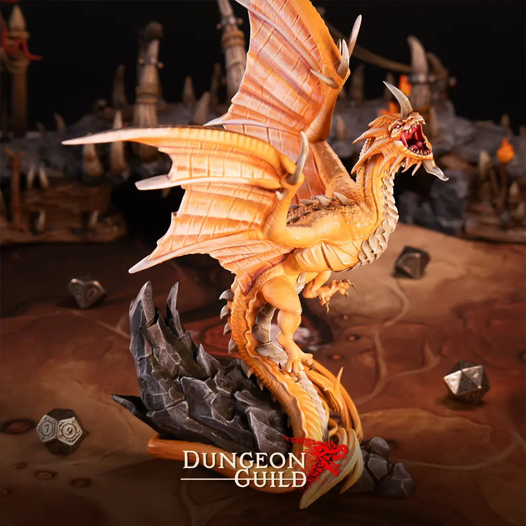 A photo of a painted 3D-printed dragon miniature at 32mm scale, soaring into flight with a height of 240mm. The dragon is posed dynamically, with its wings spread wide and its mouth open in a fierce roar. Its powerful limbs and tail enhance the sense of movement, while intricate details such as sharp scales, curved horns, and menacing eyes add to its imposing presence. Designed for tabletop gaming or display, the model captures the raw power and majesty of a dragon taking to the skies