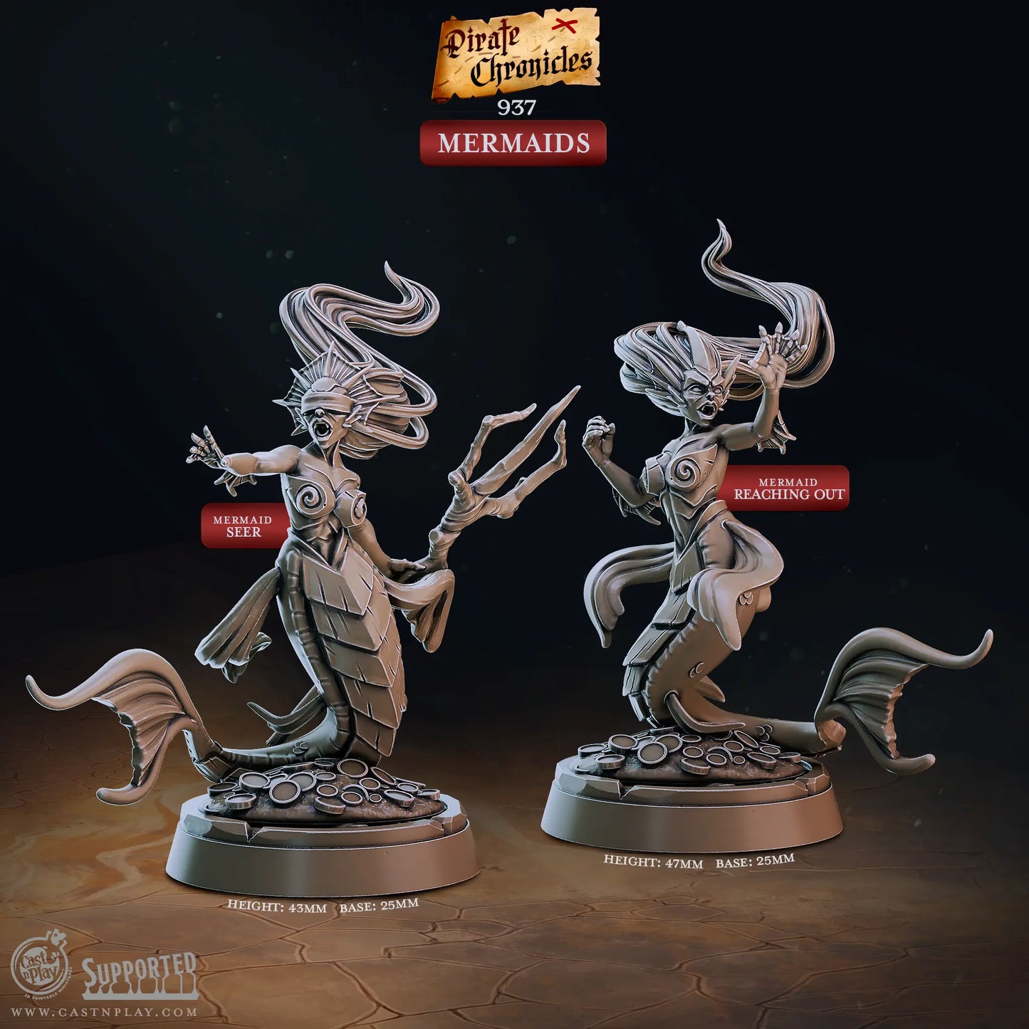 An image with text of a set of two mermaids designed by Cast N Play at a 32mm scale. Both mermaids have flowing hair and sit upon a base of coins. The bases are at a size of 25mm and the mermaids the text indicates that the seer mermaid is 43mm in height, and the reaching out mermaid at 47mm. They are 3D printed to a high quality in a durable resin.