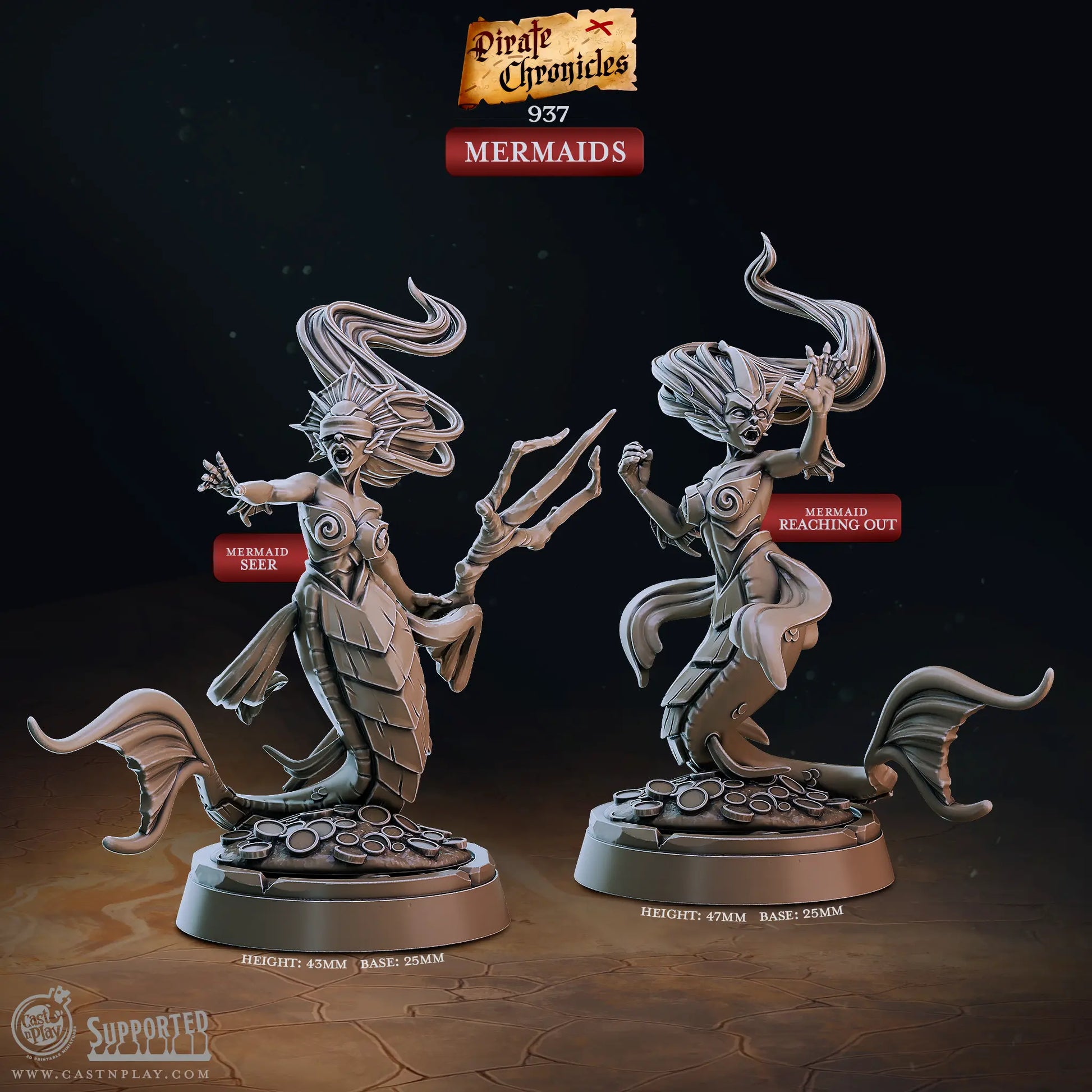 An image with text of a set of two mermaids designed by Cast N Play at a 32mm scale. Both mermaids have flowing hair and sit upon a base of coins. The bases are at a size of 25mm and the mermaids the text indicates that the seer mermaid is 43mm in height, and the reaching out mermaid at 47mm. They are 3D printed to a high quality in a durable resin.