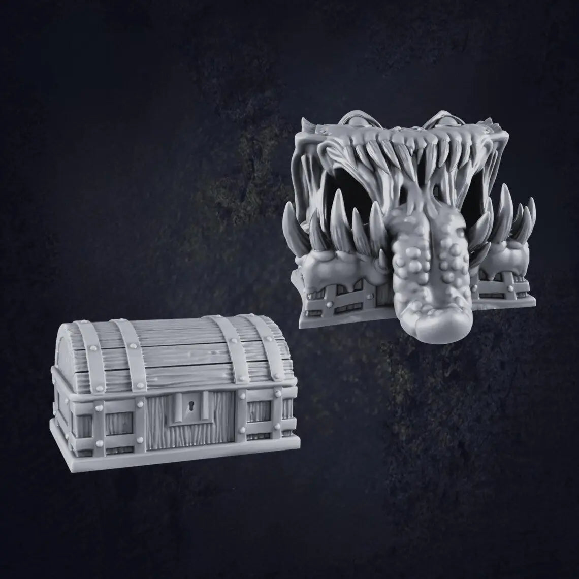 A miniature of a chest mimic, blending the appearance of a treasure chest with monstrous elements. The mimic features sharp, jagged teeth protruding from the lid and menacing, hollow eyes set into the front. The surface resembles aged wood with metal bands and rivets, adding realism to its disguise. 