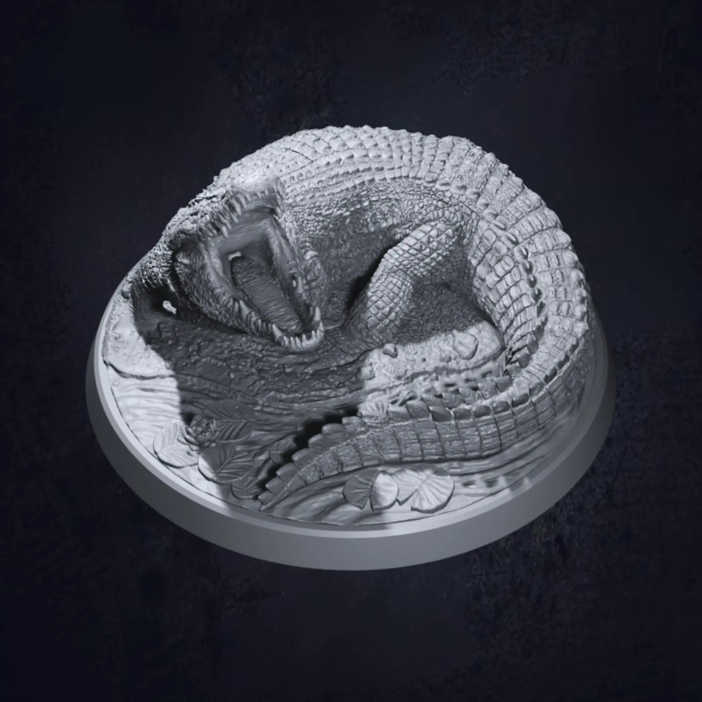 A top view of a highly detailed 3D-printed miniature of a Dire Swamp Crocodile, posed on a textured base. The model showcases intricate scales, sharp teeth, and a menacing stance, perfect for tabletop RPGs and wargaming.