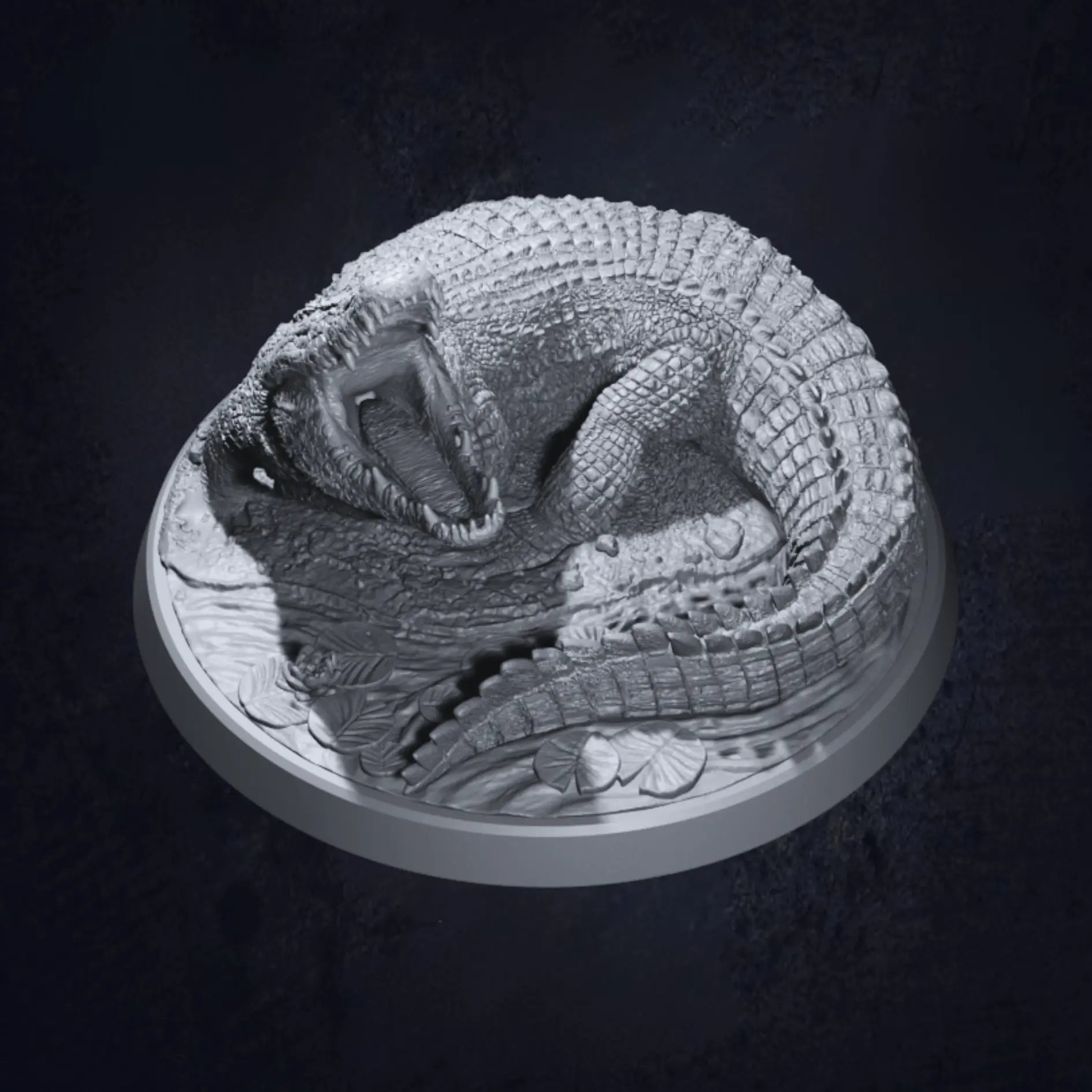A top view of a highly detailed 3D-printed miniature of a Dire Swamp Crocodile, posed on a textured base. The model showcases intricate scales, sharp teeth, and a menacing stance, perfect for tabletop RPGs and wargaming.