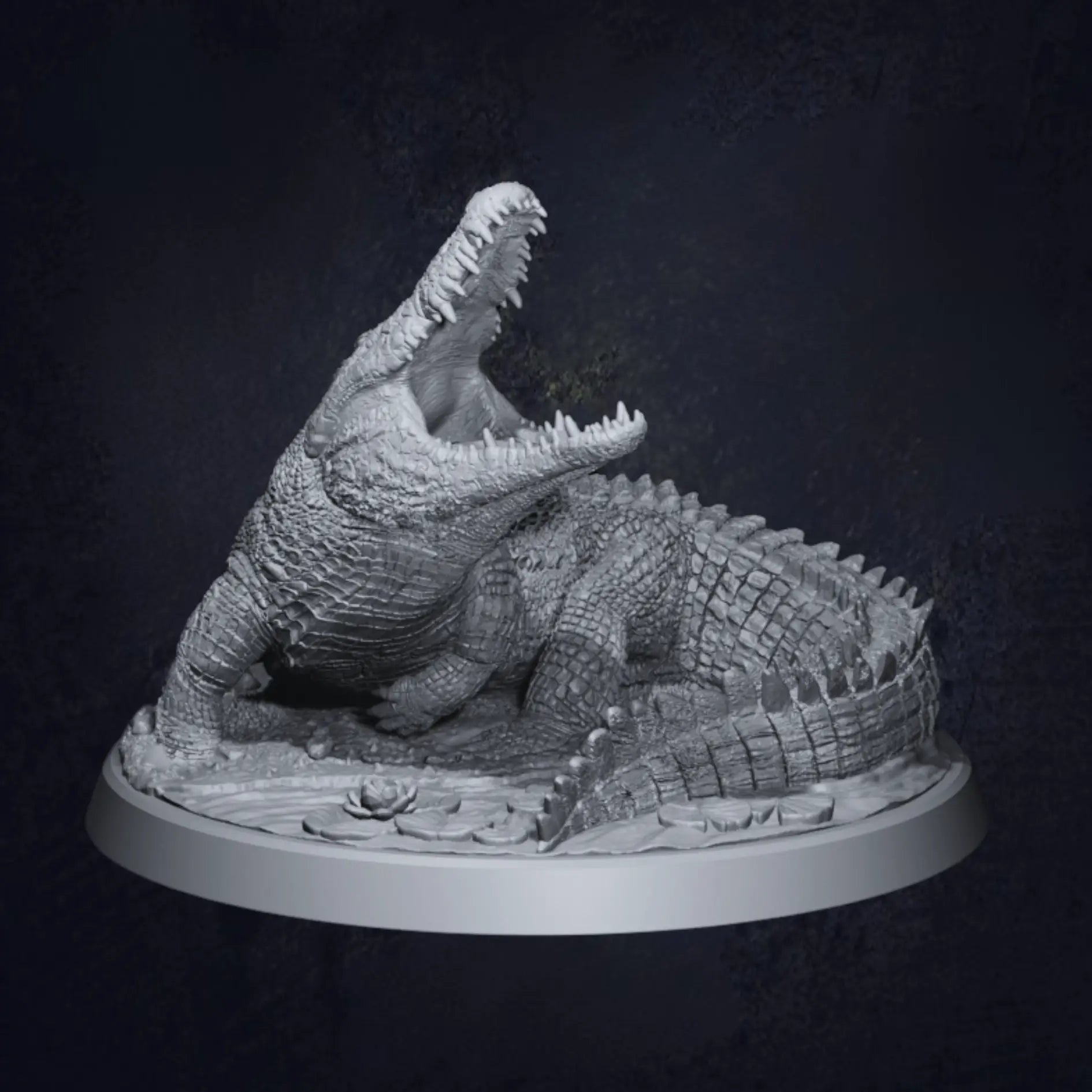 A front view of a highly detailed 3D-printed miniature of a Dire Swamp Crocodile, posed on a textured base. The model showcases intricate scales, sharp teeth, and a menacing stance, perfect for tabletop RPGs and wargaming.