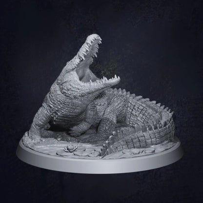 A front view of a highly detailed 3D-printed miniature of a Dire Swamp Crocodile, posed on a textured base. The model showcases intricate scales, sharp teeth, and a menacing stance, perfect for tabletop RPGs and wargaming.