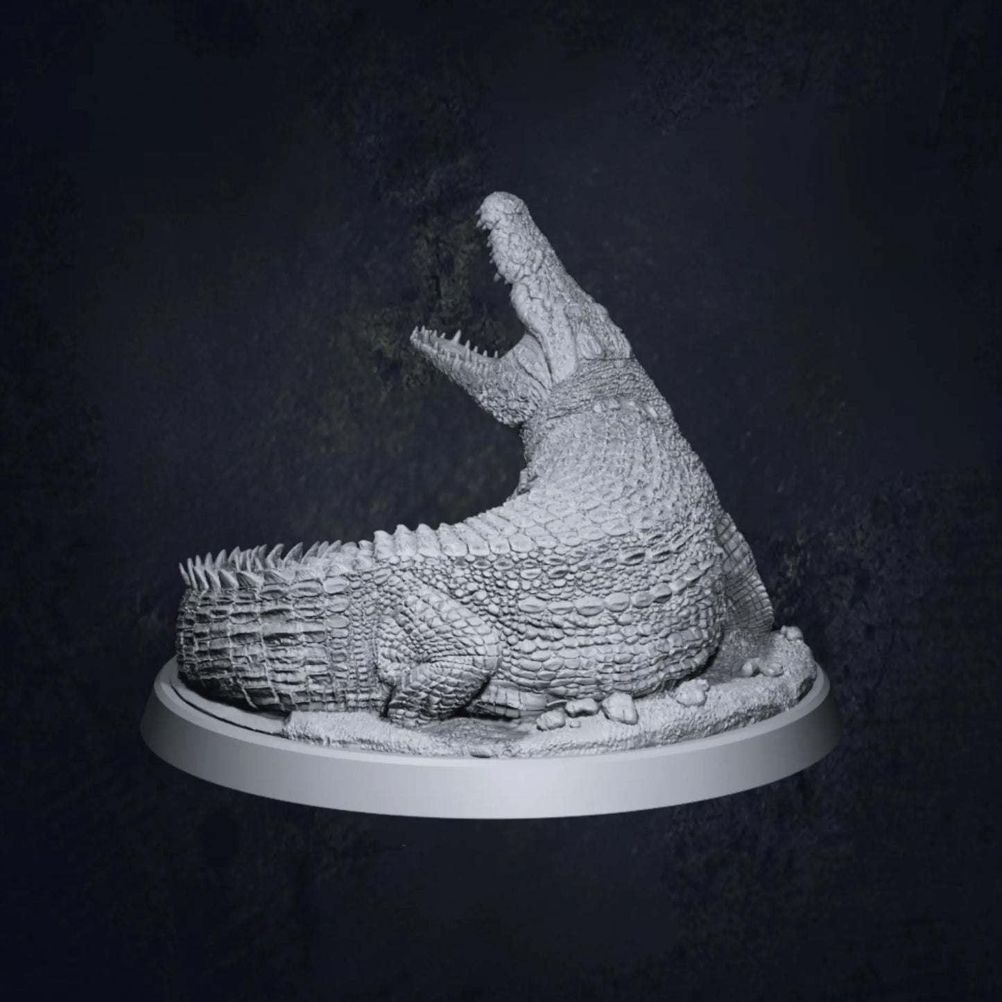 A rear view of a highly detailed 3D-printed miniature of a Dire Swamp Crocodile, posed on a textured base. The model showcases intricate scales, sharp teeth, and a menacing stance, perfect for tabletop RPGs and wargaming.