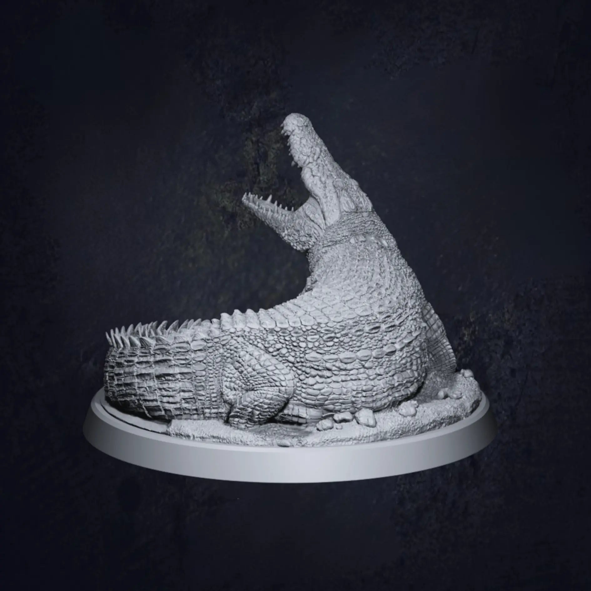 A rear view of a highly detailed 3D-printed miniature of a Dire Swamp Crocodile, posed on a textured base. The model showcases intricate scales, sharp teeth, and a menacing stance, perfect for tabletop RPGs and wargaming.