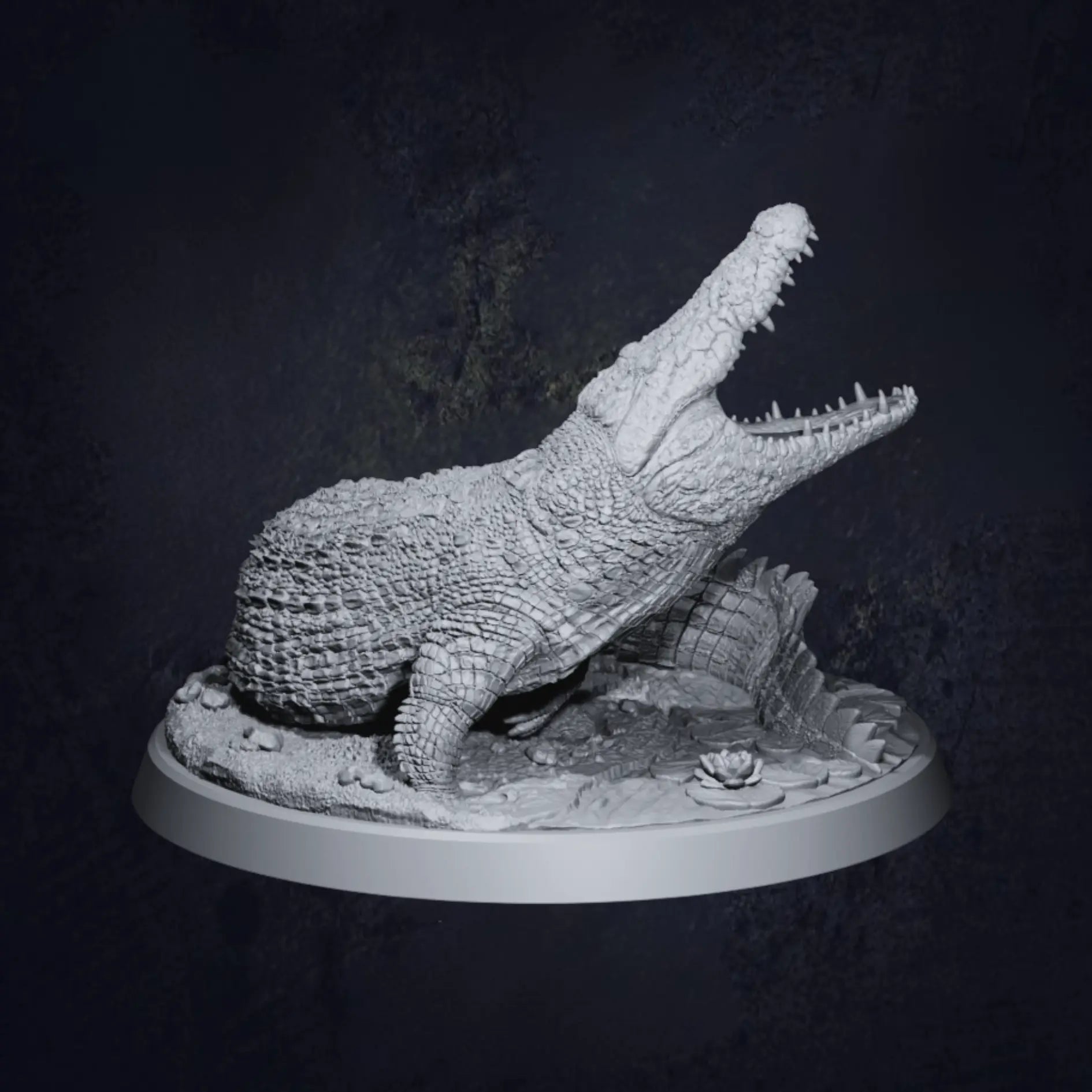 A highly detailed side view of a 3D-printed miniature of a Dire Swamp Crocodile, posed on a textured base. The model showcases intricate scales, sharp teeth, and a menacing stance, perfect for tabletop RPGs and wargaming.
