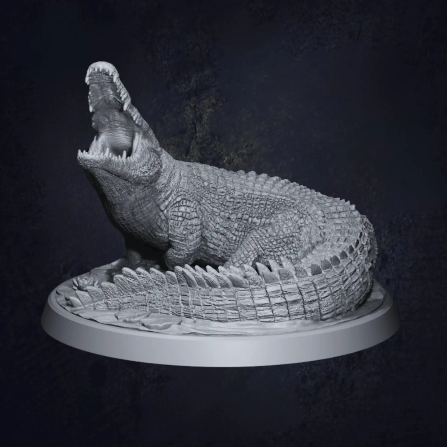 A side view of a highly detailed 3D-printed miniature of a Dire Swamp Crocodile, posed on a textured base. The model showcases intricate scales, sharp teeth, and a menacing stance, perfect for tabletop RPGs and wargaming.