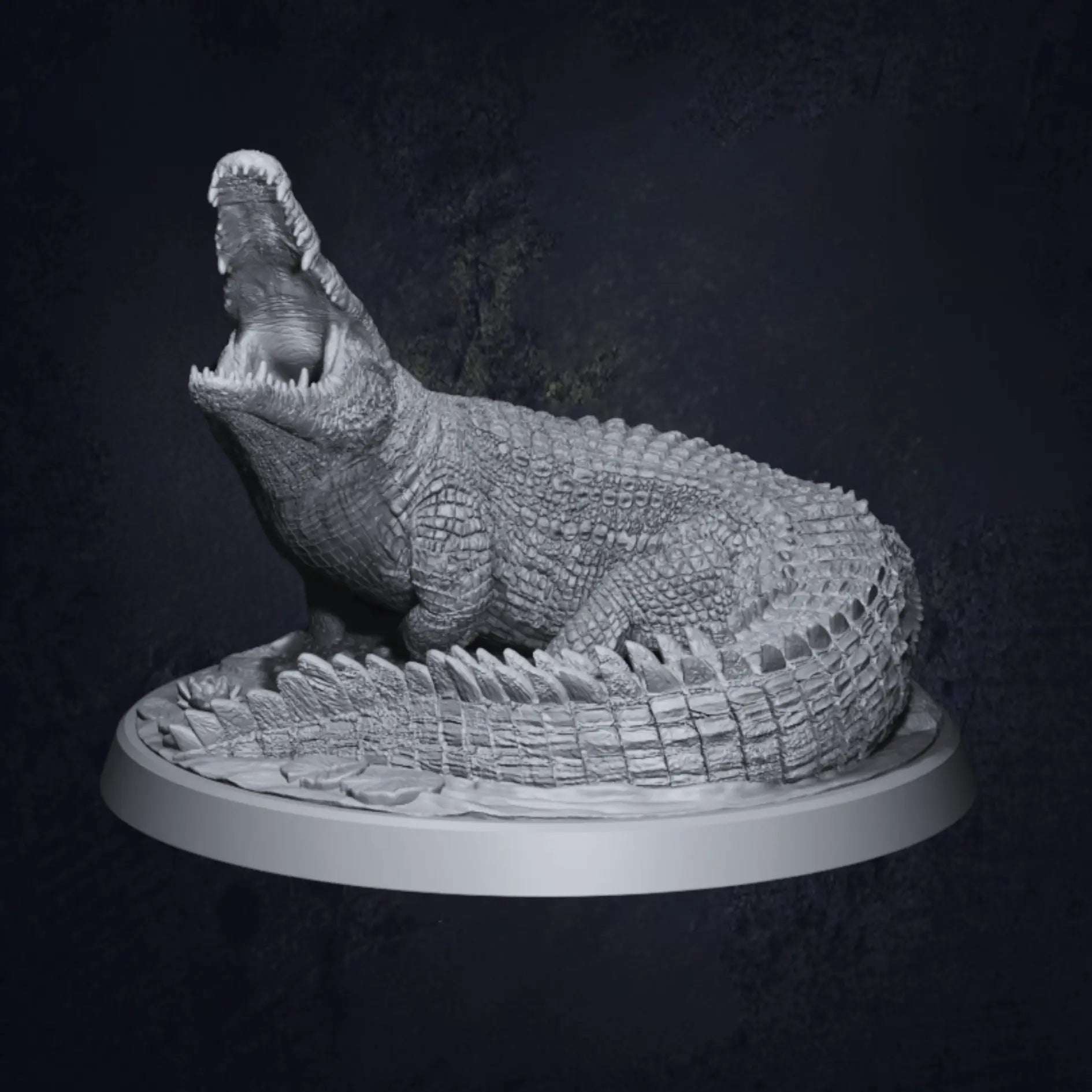 A side view of a highly detailed 3D-printed miniature of a Dire Swamp Crocodile, posed on a textured base. The model showcases intricate scales, sharp teeth, and a menacing stance, perfect for tabletop RPGs and wargaming.