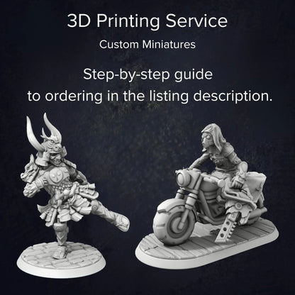 A collection of custom 3D-printed miniatures in various poses and designs, showcasing high-detail resin printing. Some figures have weapons, armor, or cloaks, ready for tabletop gaming.