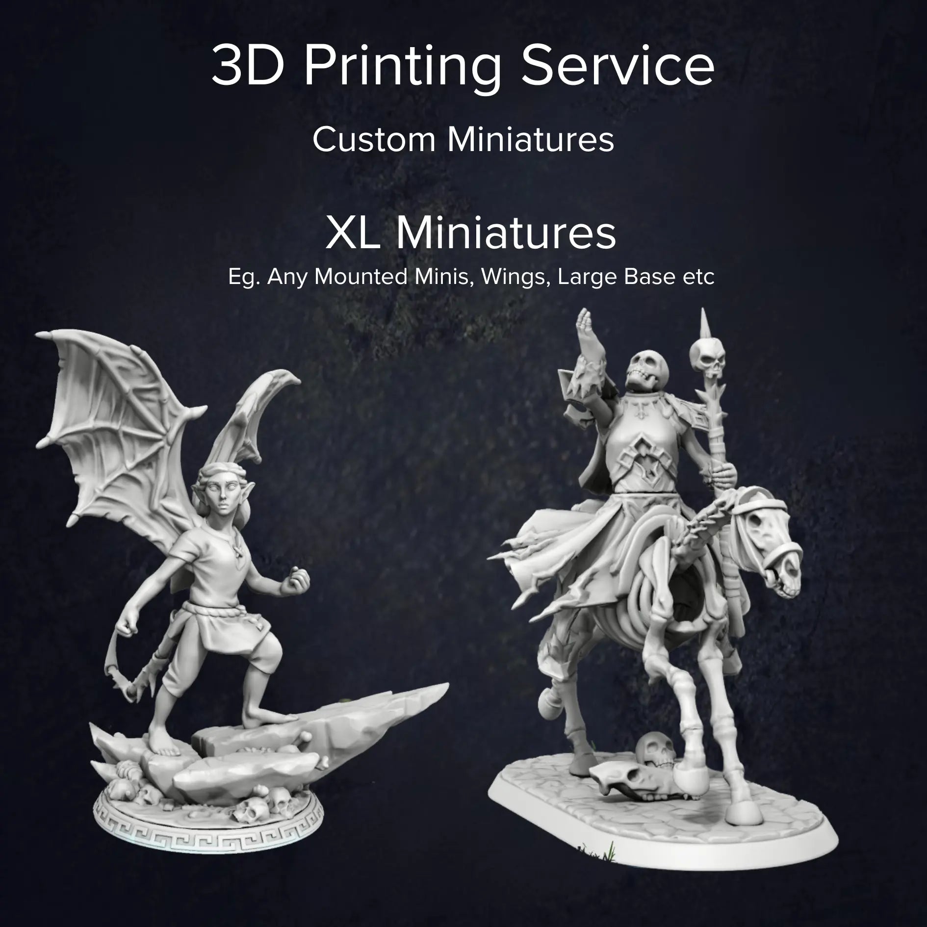A side-by-side comparison of different custom miniatures, highlighting scale variations, intricate sculpting, and the smooth finish of the printed models. Demonstrating XL miniatures.
