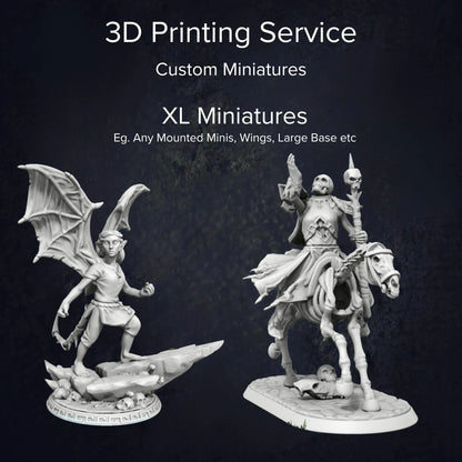 A side-by-side comparison of different custom miniatures, highlighting scale variations, intricate sculpting, and the smooth finish of the printed models. Demonstrating XL miniatures.