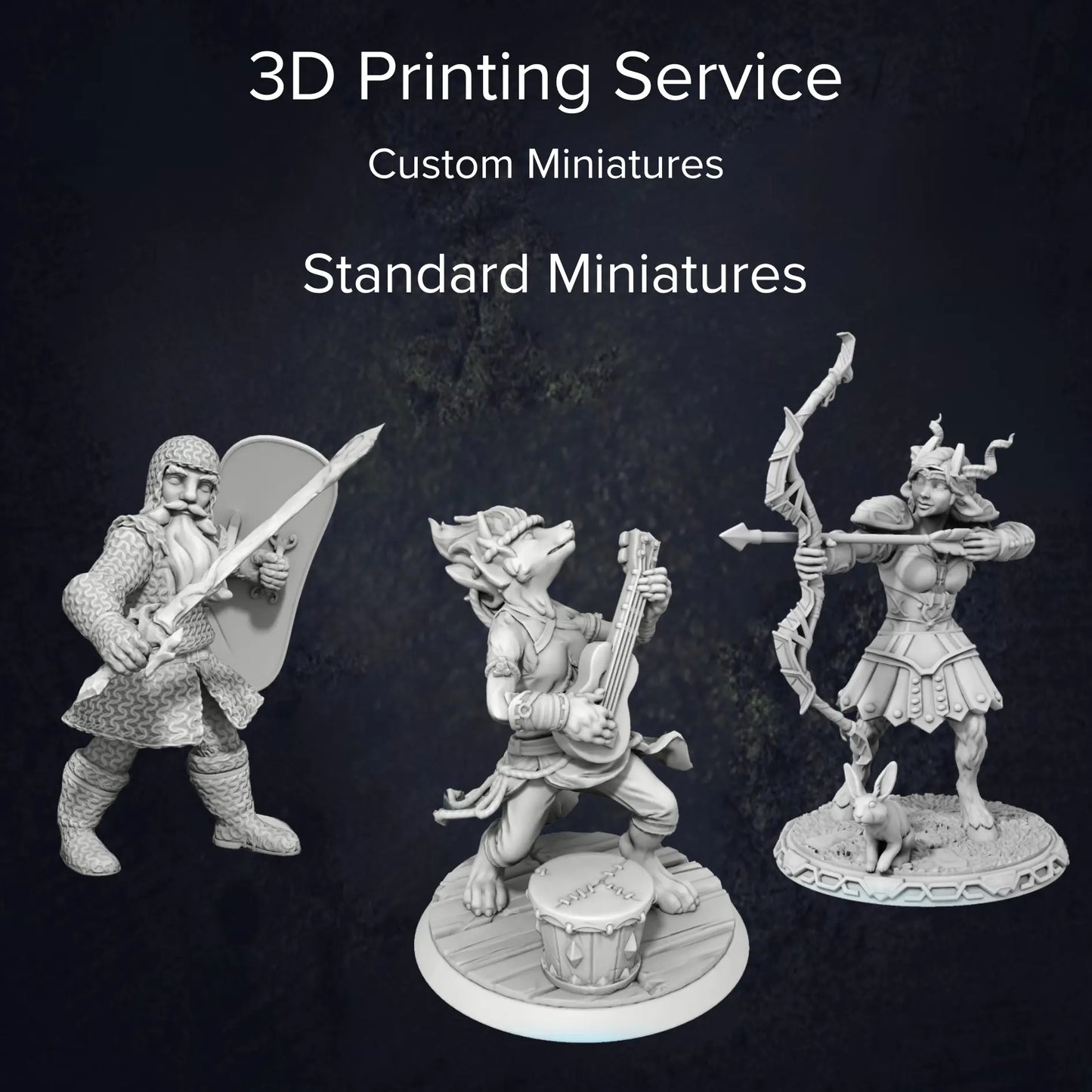 Close-up shots of several 3D-printed miniatures, emphasizing fine details such as facial expressions, clothing textures, and accessories, all primed and ready for painting. Detailing what classifies as a standard miniature.